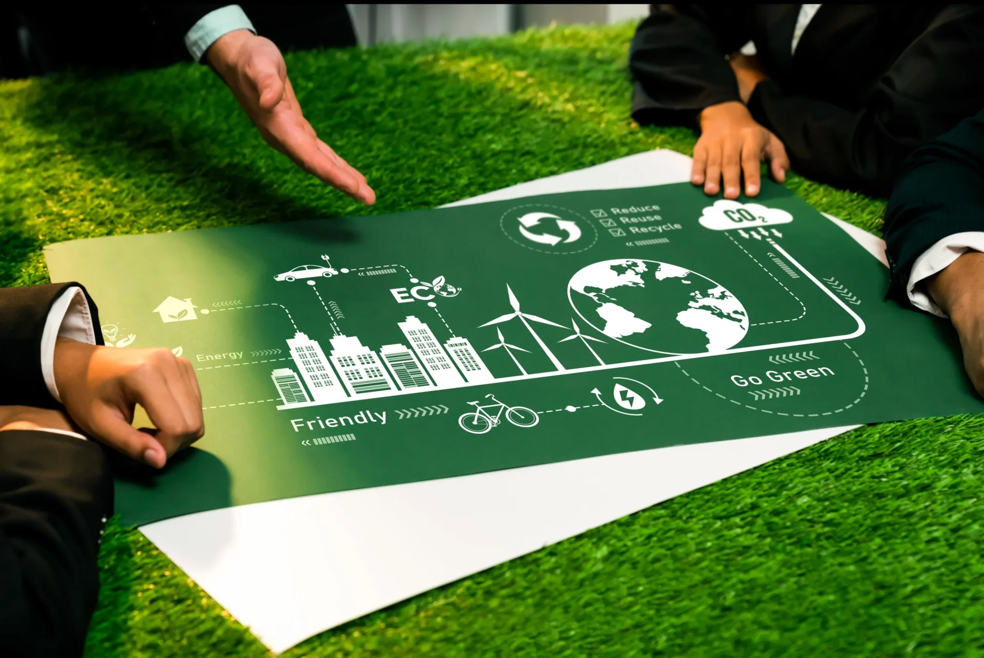 Personas discuten gráfica 'Go Green' en Inmobiliare Summits. Concepto de sostenibilidad en bienes raíces LATAM. Conferencia sobre el futuro de la ciudad.