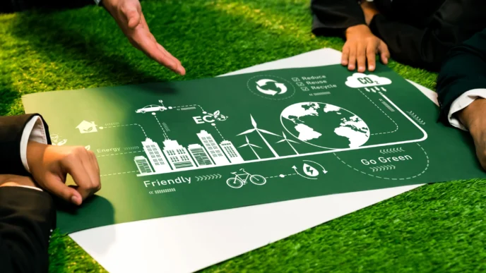 Personas discuten gráfica 'Go Green' en Inmobiliare Summits. Concepto de sostenibilidad en bienes raíces LATAM. Conferencia sobre el futuro de la ciudad.