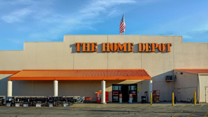 The category is venue/architecture.

Fachada de tienda The Home Depot con bandera de EEUU. Tienda minorista de mejoras para el hogar y construcción.