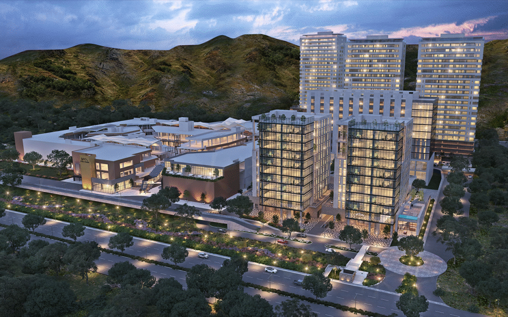 Arquitectura moderna en Inmobiliare Summits, México. Diseño urbano con edificios altos y áreas verdes. Destino ideal para eventos de real estate.