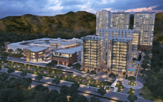 Arquitectura moderna en Inmobiliare Summits, México. Diseño urbano con edificios altos y áreas verdes. Destino ideal para eventos de real estate.