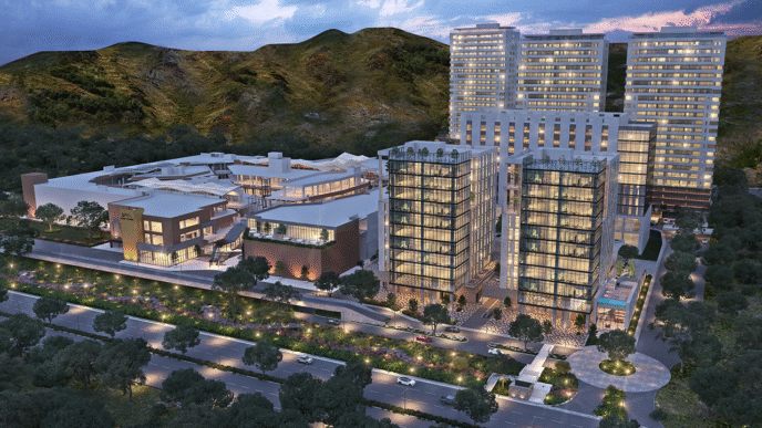 Arquitectura moderna en Inmobiliare Summits, México. Diseño urbano con edificios altos y áreas verdes. Destino ideal para eventos de real estate.