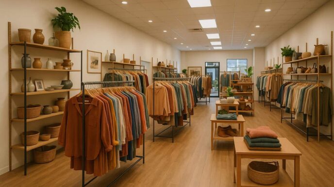 venue/architecture

Interior de tienda de ropa con estantes y percheros llenos. Diseño minimalista, iluminación clara. Muestra la mercancía ordenada y accesible.