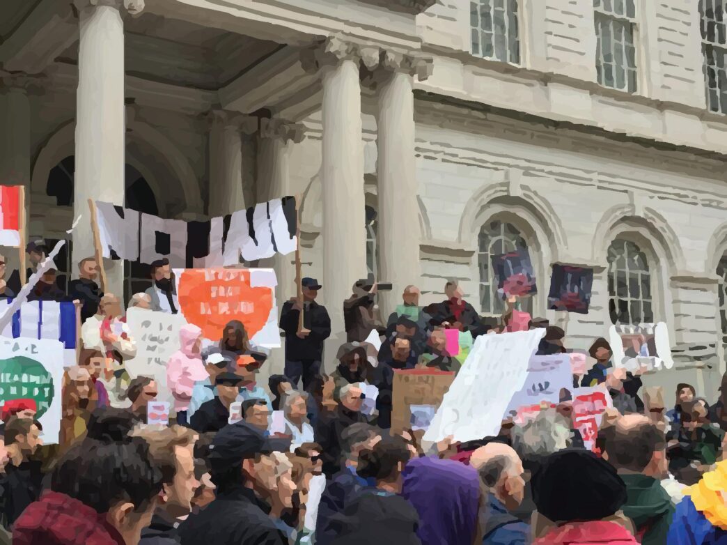 Venue/architecture.

Manifestación pública frente a edificio con columnas. Multitudinaria protesta con carteles. Inmobiliare Summits, México.
