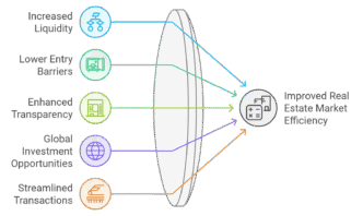 Diagrama sobre la eficiencia del mercado inmobiliario. Inversión global, transparencia y liquidez mejoran el sector. Real estate.