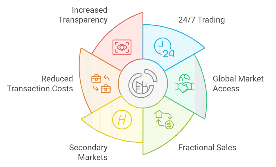 Diagrama de Tokenomics y Real Estate mostrando transparencia, trading 24/7, acceso global, ventas fraccionales y mercados secundarios. Inversión sostenible.