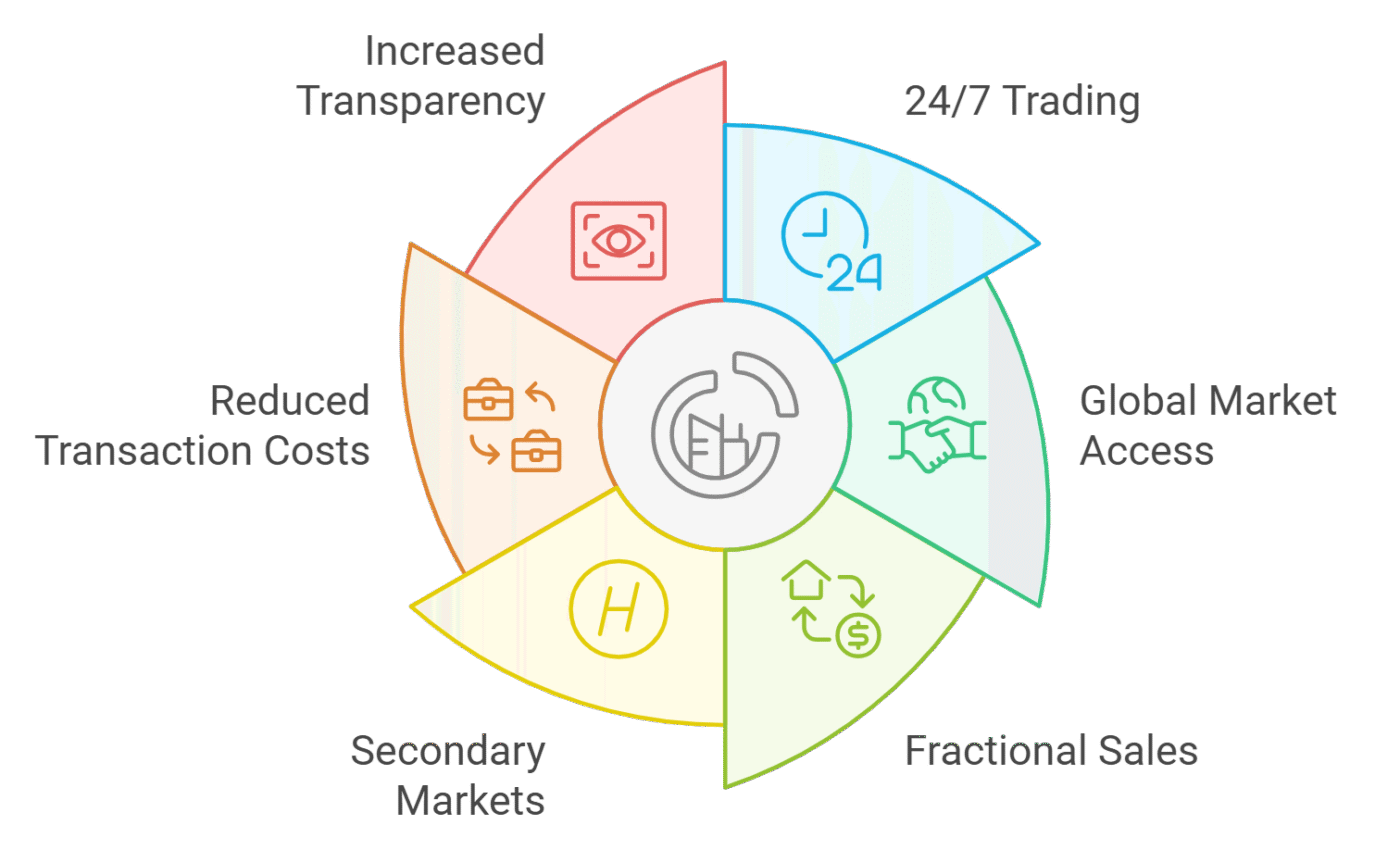 Diagrama de Tokenomics y Real Estate mostrando transparencia, trading 24/7, acceso global, ventas fraccionales y mercados secundarios. Inversión sostenible.