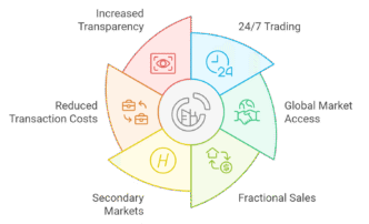 Diagrama de Tokenomics y Real Estate mostrando transparencia, trading 24/7, acceso global, ventas fraccionales y mercados secundarios. Inversión sostenible.