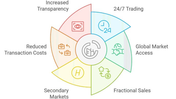 Diagrama de Tokenomics y Real Estate mostrando transparencia, trading 24/7, acceso global, ventas fraccionales y mercados secundarios. Inversión sostenible.