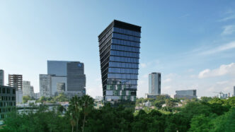 Venue/architecture.

Vista de la Torre Hélix, edificio corporativo en Guadalajara, México, sede de Inmobiliare Summits. Diseño moderno para el sector real estate.