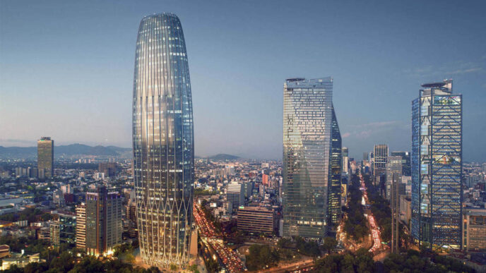 Vista aérea de la ciudad de México, sede de Inmobiliare Summits, conferencia de real estate LATAM. Arquitectura moderna y horizonte urbano.