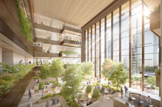 Interior de la Torre Z6 Net Zero en China: Oficinas ecológicas con vegetación exuberante, luz natural y personas trabajando. Diseño arquitectónico innovador.