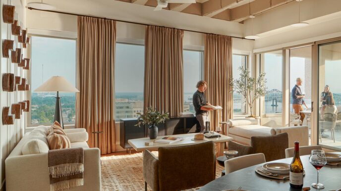 Interior de departamento moderno con ventanales, sala de estar, comedor y balcón. Transformación oficinas a viviendas en LATAM, diseño elegante.