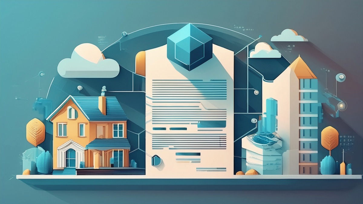 Ilustración digital de bienes raíces: casa, edificio, contrato. Concepto Inmobiliare Summits, sector inmobiliario LATAM.