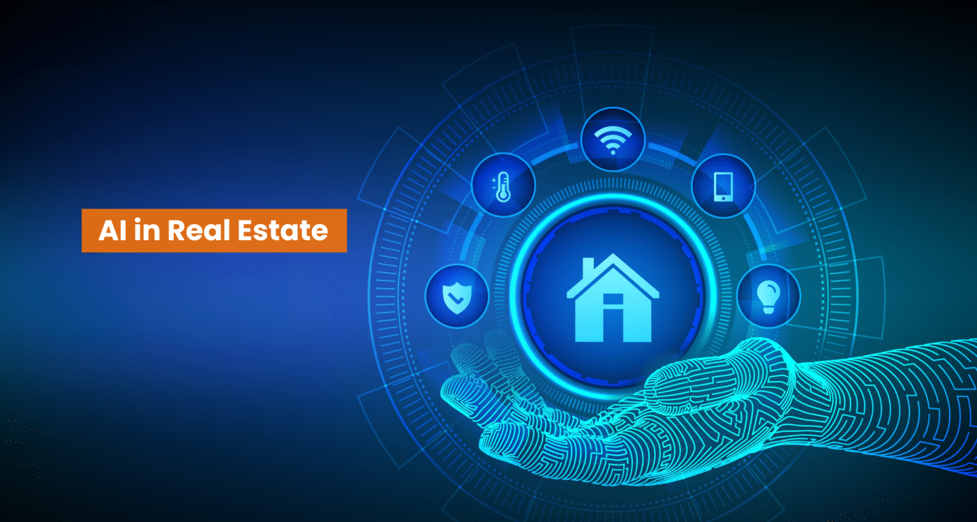 Ilustración de mano digital sosteniendo ícono de casa, representando la IA y DevOps en la transformación del Real Estate. Conectividad e innovación.