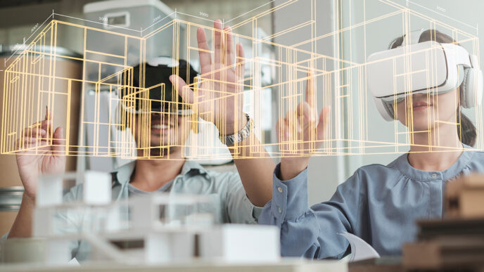 Dos personas con gafas VR interactúan con un modelo 3D. Transformación del sector inmobiliario con metaverso. Diseño arquitectónico inmersivo.