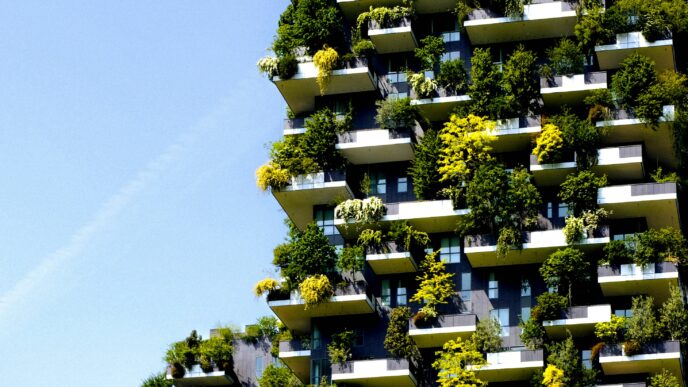 Edificio sostenible con balcones llenos de vegetación en Milán. Arquitectura eco-friendly para la transformación ESG en el sector inmobiliario.