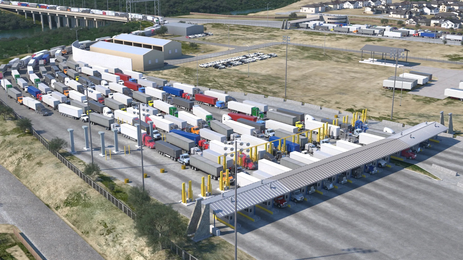 venue/architecture
Viettel Lang Son, primer parque logístico en Vietnam. Vista aérea de camiones esperando en la frontera. Inmobiliare Summits, real estate.