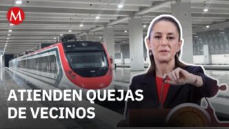 Imagen del tren AIFA a Buenavista con Claudia Sheinbaum hablando sobre la inauguración en meses. Conexión AIFA, transporte, AMLO, tren suburbano.