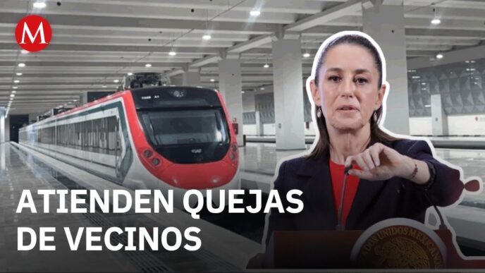 Imagen del tren AIFA a Buenavista con Claudia Sheinbaum hablando sobre la inauguración en meses. Conexión AIFA, transporte, AMLO, tren suburbano.