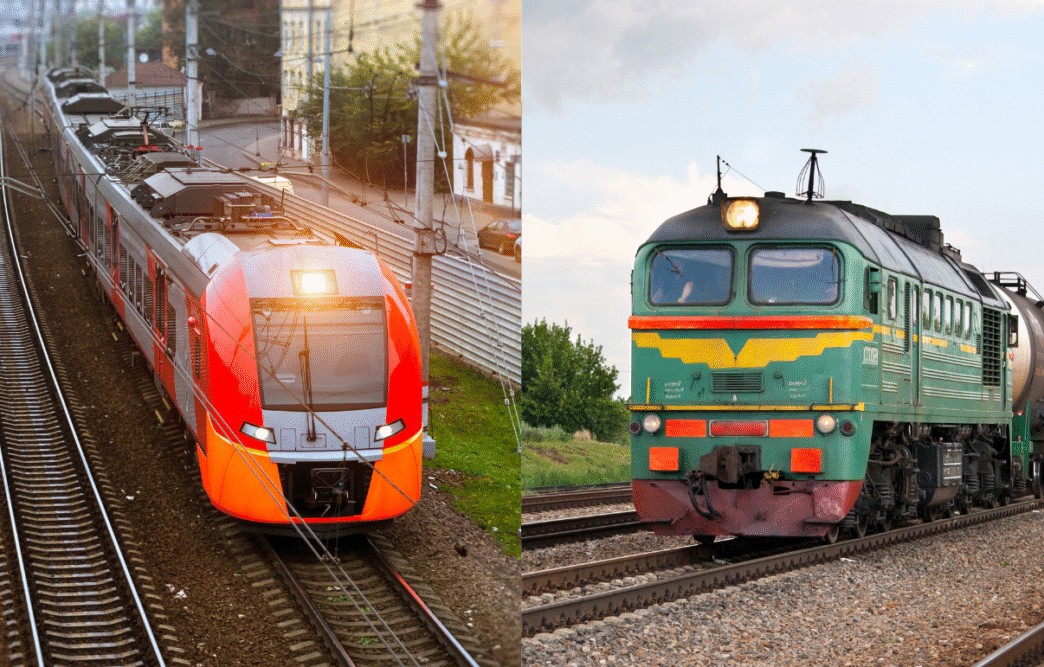 Comparativa de trenes diésel-eléctricos en Croacia: uno moderno, rojo y gris, frente a otro verde clásico. Eficiencia y sostenibilidad ferroviaria.