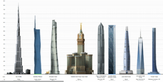 Venue/architecture.

Comparación de alturas de edificios emblemáticos mundiales. Arquitectura moderna en ciudades como Dubai, Shanghái, Mecca, y Nueva York. Diseño urbano global.