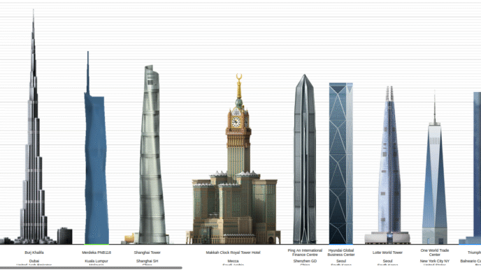 Venue/architecture.

Comparación de alturas de edificios emblemáticos mundiales. Arquitectura moderna en ciudades como Dubai, Shanghái, Mecca, y Nueva York. Diseño urbano global.