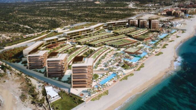 venue/architecture

Vista aérea de un desarrollo inmobiliario de lujo en la costa, con montañas al fondo. Destino ideal para Inmobiliare Summits, la conferencia de real estate en México.