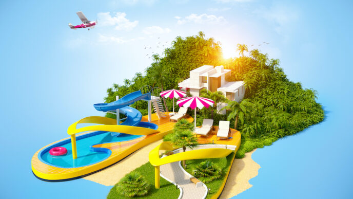 venue/architecture
Concepto turístico creativo: isla tropical con casa, piscina en forma de sandalia y avión volando. Destino turístico en México.