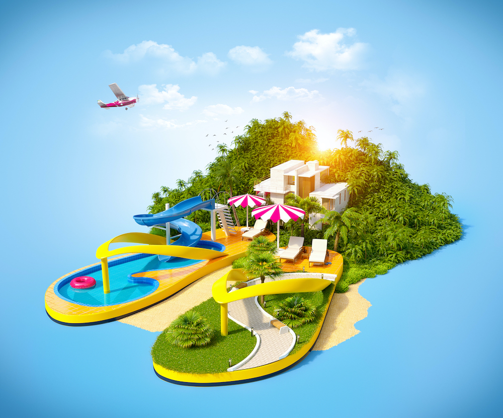 venue/architecture
Concepto turístico creativo: isla tropical con casa, piscina en forma de sandalia y avión volando. Destino turístico en México.