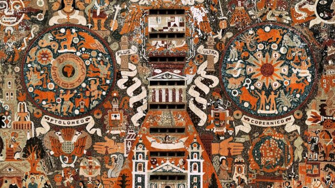 Mural artístico alusivo a la Biblioteca Digital de la Facultad de Arquitectura UNAM. Mosaico con figuras históricas, edificios y simbolismo.