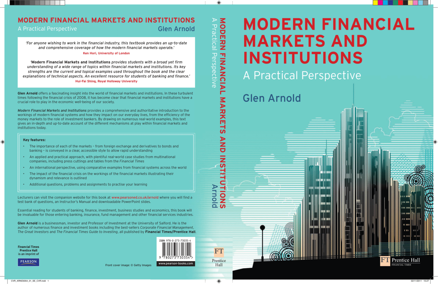Portada del libro Modern Financial Markets and Institutions de Glen Arnold. Diseño con rascacielos y texto descriptivo sobre mercados financieros.