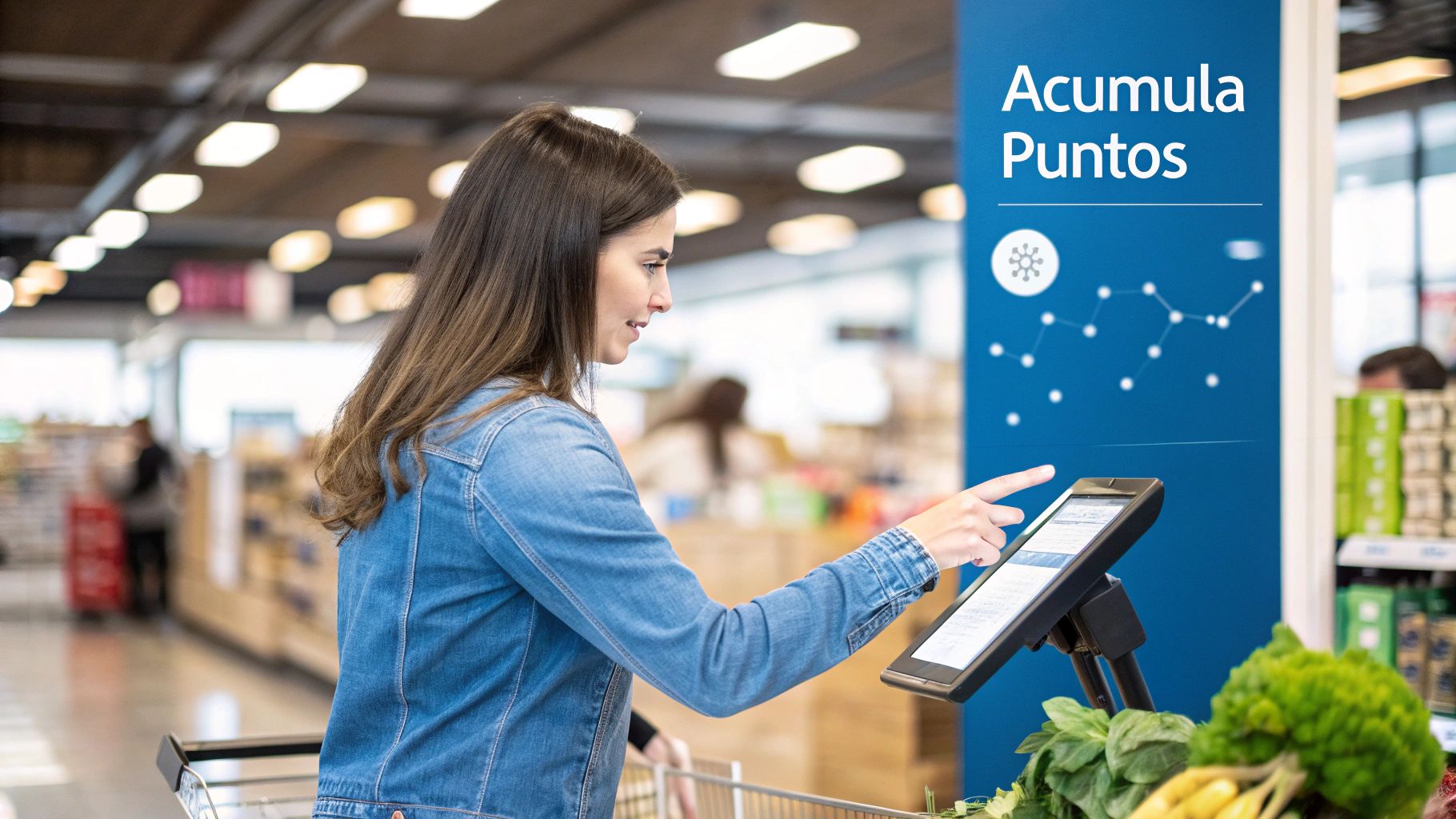 Tarjeta virtual Hipoteca Verde Infonavit: Mujer usando un lector digital en un supermercado para acumular puntos.