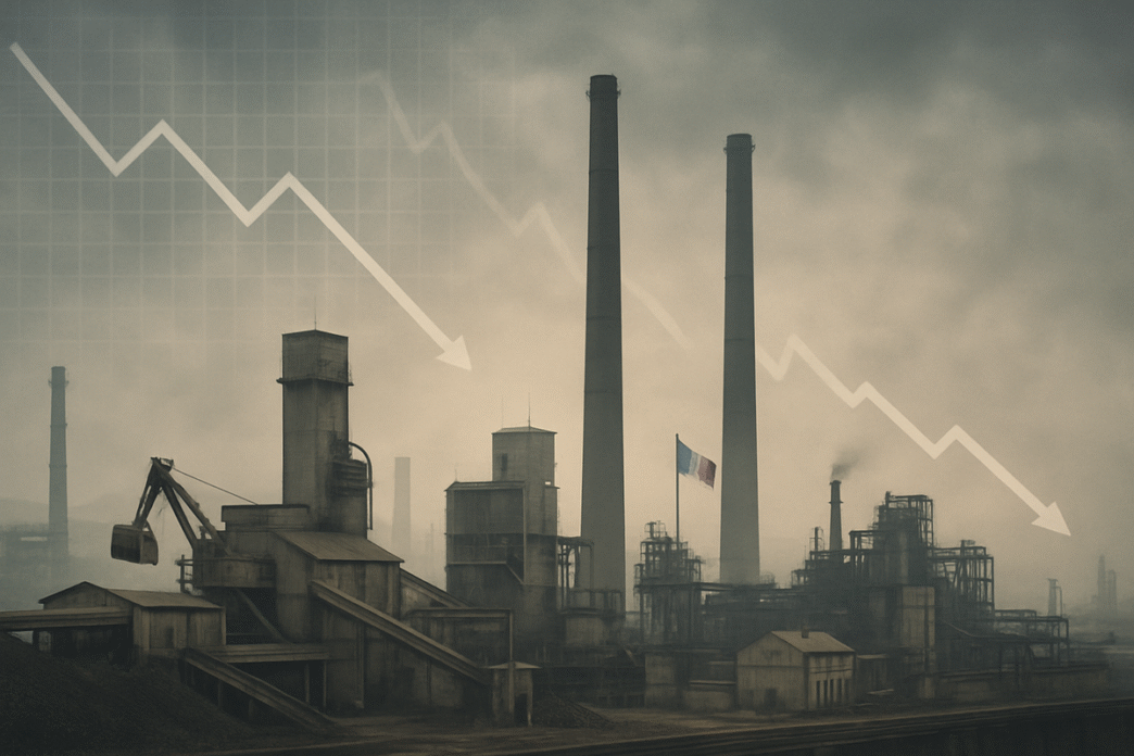 venue/architecture

Fábrica con chimeneas y bandera francesa bajo flechas descendentes. Concepto económico negativo. Crisis industrial.