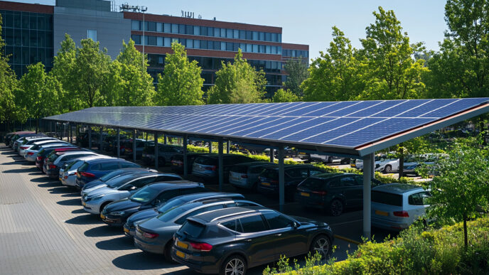 Parking con cubierta de paneles solares. Vehículos estacionados bajo estructura fotovoltaica. Energía renovable en Real Estate, solución sostenible.