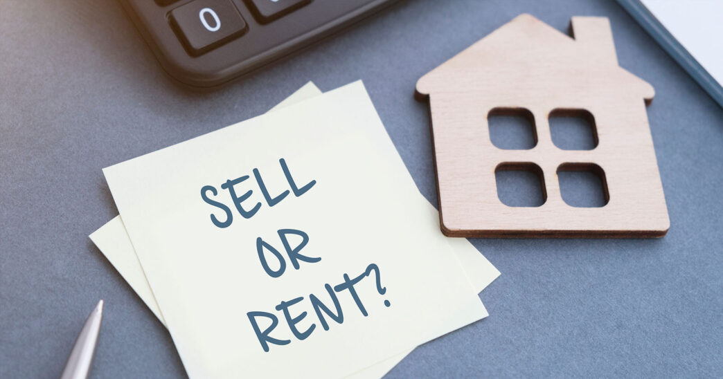 Concepto de bienes raíces: ¿Vender o alquilar? Decisión clave en el mercado inmobiliario.