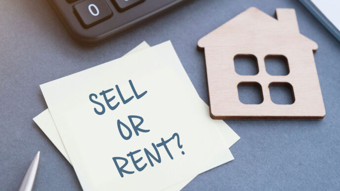 Concepto de bienes raíces: ¿Vender o alquilar? Decisión clave en el mercado inmobiliario.