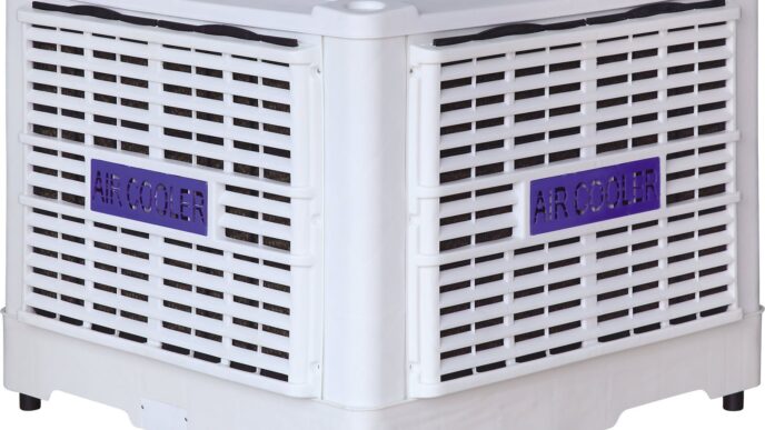 Ventilador EAV de refrigeración evaporativa. Diseño innovador y eficiente energéticamente para climatización industrial y comercial. Detalle de rejillas.