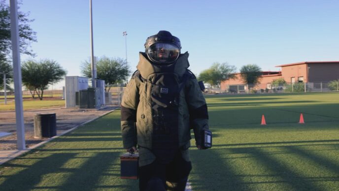 Hombre con traje de protección antibombas en campo verde. Seguridad en Nuevo León, casas modulares, prevención de riesgos, equipo especializado.