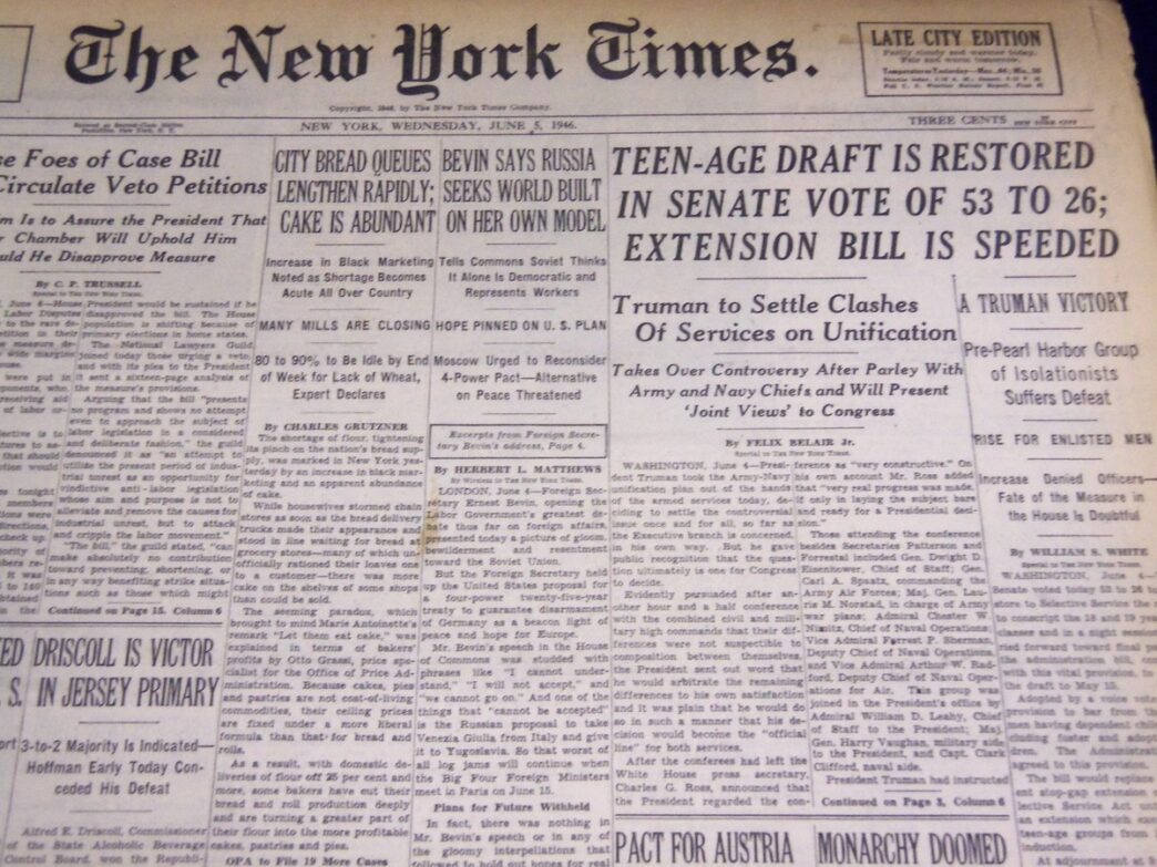 Periódico The New York Times, 1946. Titulares sobre la Conferencia de Truman, vivienda y economía. Inmobiliare Summits analiza el impacto en real estate LATAM.