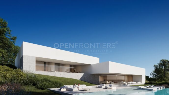 Arquitectura moderna de Villa Noon en Sotogrande, España. Diseño sostenible e innovador para el sector *real estate*.
