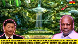 Representación de ciudad digital verde en Ghana, con presidentes Mahama y Jinping. Impulso a la movilidad eléctrica y desarrollo sostenible en DRC.