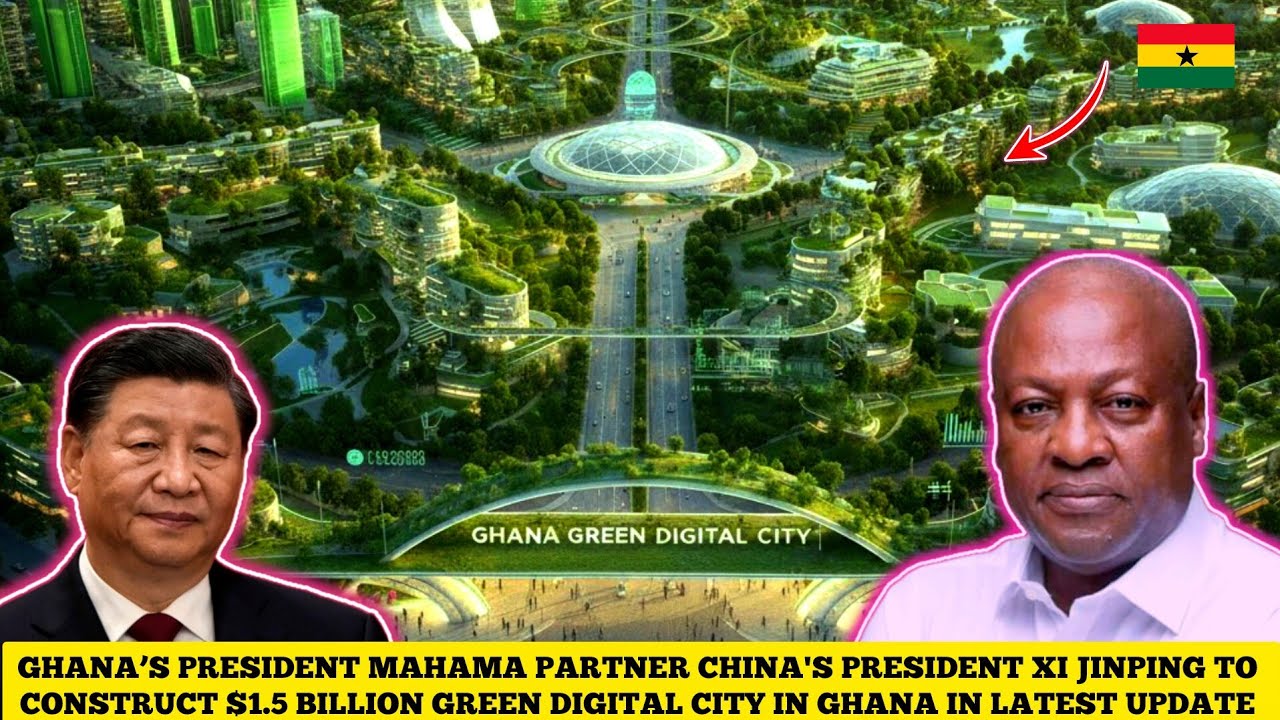 Representación de ciudad digital verde en Ghana, con presidentes Mahama y Jinping. Impulso a la movilidad eléctrica y desarrollo sostenible en DRC.