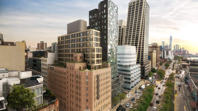 Vista aérea de Nueva York mostrando la transformación de una correccional en vivienda asequible. Edificios altos dominan el paisaje urbano.