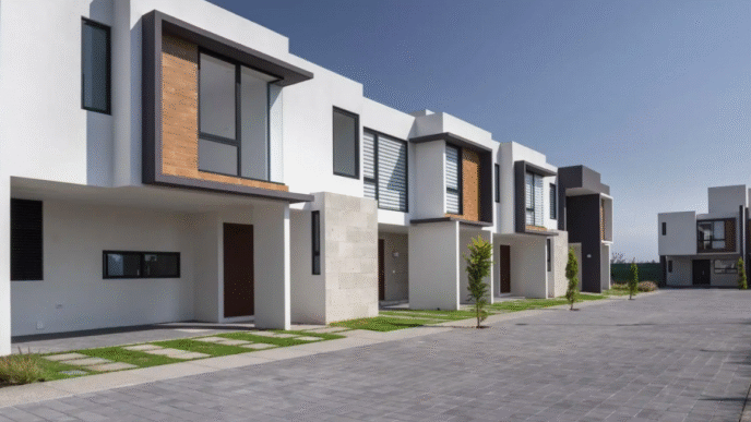 Fila de viviendas modernas en México. Arquitectura minimalista, fachadas blancas y detalles en madera. Costo promedio de vivienda: 1.7 mdp en 2024.