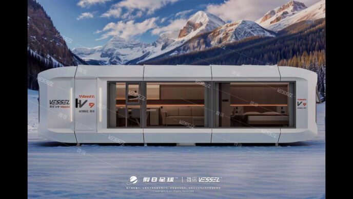 Vivienda inteligente asiática en Nuevo León: Diseño futurista con montañas nevadas. Interior moderno visible. Innovación en construcción residencial, 125