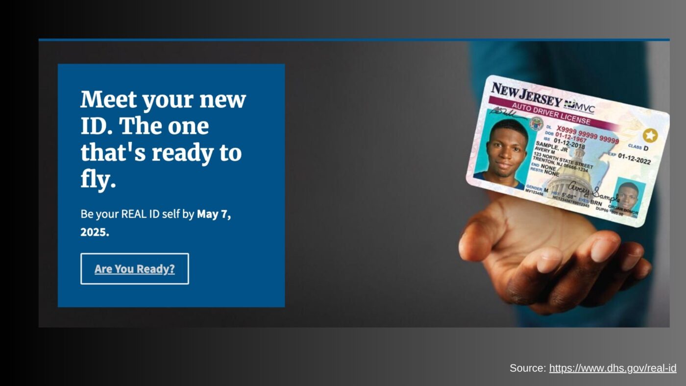 sponsors/branding
Nueva identificación REAL ID de Nueva Jersey lista para volar. Prepárate antes del 7 de mayo de 2025. Fuente: https://www.dhs.gov/real-id