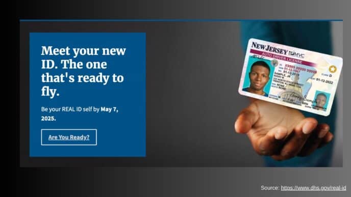 sponsors/branding
Nueva identificación REAL ID de Nueva Jersey lista para volar. Prepárate antes del 7 de mayo de 2025. Fuente: https://www.dhs.gov/real-id