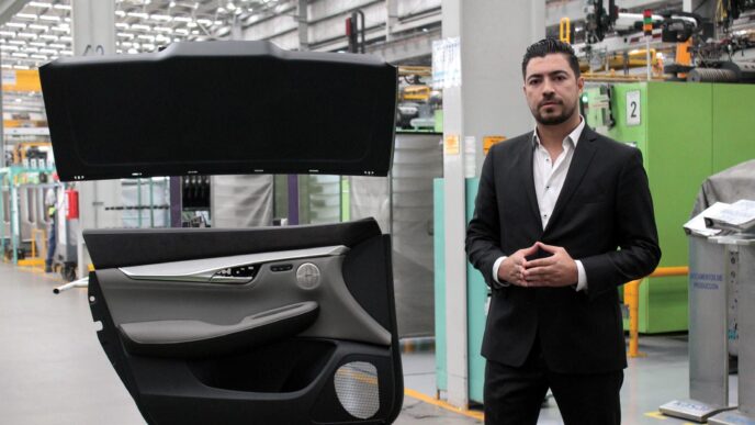 Inversión VYNMSA en Torreón: Hombre con puerta de auto en planta industrial. Nuevo parque industrial generará empleos e impulsará la economía local.