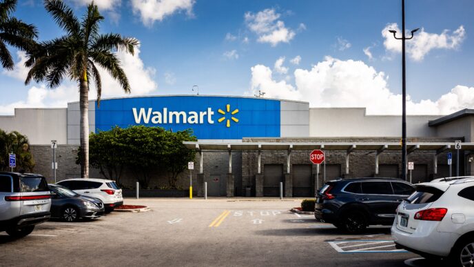 city/destination

Walmart en un día soleado. Tienda minorista con estacionamiento lleno y cielo azul con palmeras. #ciudad #EEUU #compras